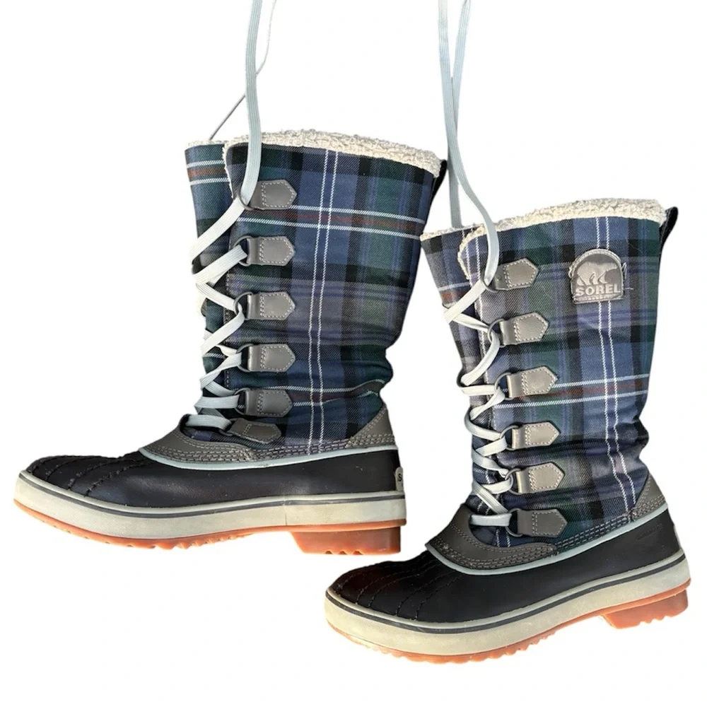 Sorel Women’s Tivoli High Waterproof Winter Boots – Brown w/ blue-grn plaid sz 6